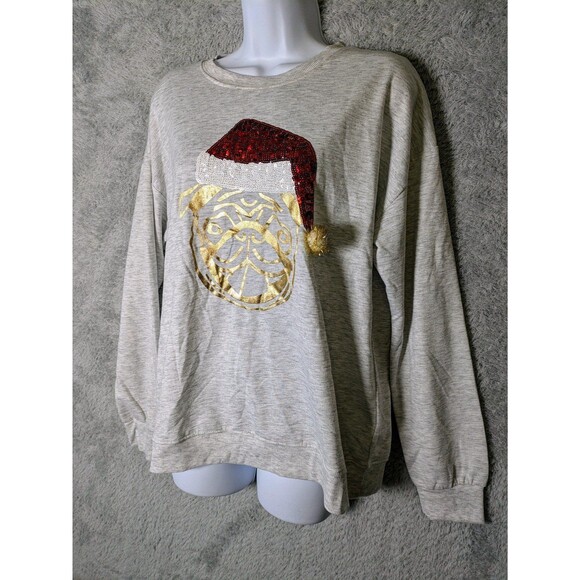 NWT Gray Sequin Santa Pug Sweatshirt Size Medium Christmas Cute Graphic Gold - Picture 8 of 11